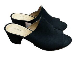 14th & Union Black Faux Suede Mules Open Toe Block Heel Sandals Women’s 10M New